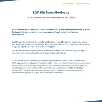 [Communiqué] LISEA salue les résultats commerciaux de la SNCF